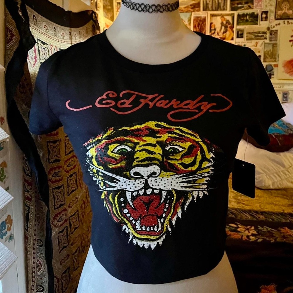 Ed Hardy Black Tee with Fierce Tiger Design